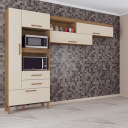 Cozinha Compacta Seul Armário Aéreo Paneleiro Nicho Microondas 5 Portas 2 Gavetas Marrom e Off - 1