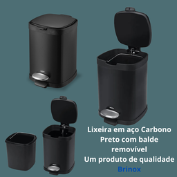 Lixeira Aço Carbono Preto Pedal e Balde Frame 20l Brinox - 6