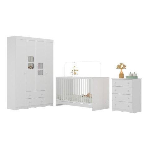 Quarto de Bebê Completo com Berço 3 em 1 para Colchão 130x60cm Serena Multimóveis Mp4523 Branco