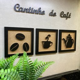 Kit 3 Quadros Decorativos Cantinho do Café + Frase 3d Relevo:preto e Rústico - 3