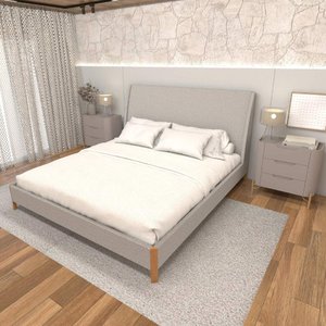 Cama King com Cabeceira Estofada e 2 Mesas com Gavetas Mdf Cor:linho Aluminio com Grigio