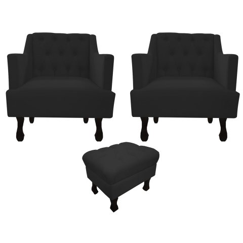Kit 2 Poltronas Decorativa Julia + Puff Luis Xv Couro Preto Pés Madeira Mz Decor