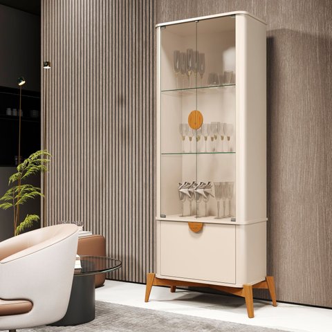 Cristaleira Curva com Puxador e Pés em Madeira Maciça 100% MDF 180CMX89CM Linha Bege