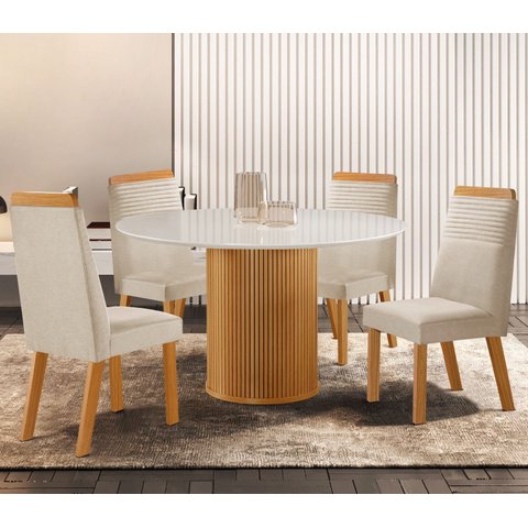 Conjunto de Jantar Mesa Dara 1,10 x 1,10 Tampo MDF/Vidro com 4 Cadeiras Catar Marrom/Castanho Cinamomo/Creme/Off White