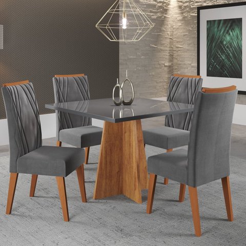 Mesa de Jantar Quadrada Decora com Vidro 90x90 e 4 Cadeiras Vegas em Madeira Maciça