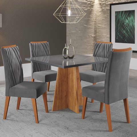 Mesa de Jantar Quadrada Decora com Vidro 90x90 e 4 Cadeiras Vegas em Madeira Maciça Yescasa