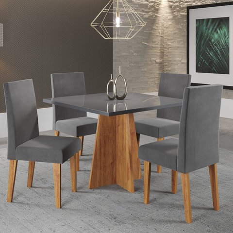 Mesa de Jantar Quadrada Decora com Vidro 90x90 com 4 Cadeiras Venus em MDP/MDF Cinza/Mel/Grafite