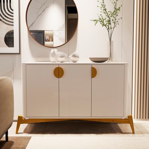 Buffet Aparador 3 Portas e Pés em Madeira Maciça 100% MDF 144cm Buriti Bege