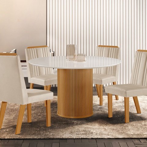 Conjunto Sala de Jantar Mesa Tampo de Vidro Dara 4 Cadeiras Florença Marrom/Castanho Cinamomo/Creme/Off White