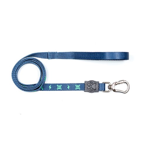 Guia Cachorro Balooh Identificadora Refletiva Azul Marinho Caveira e Raio:Verde/P