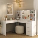 Ver imagem 1 de Penteadeira Escrivaninha em L com Espelho Led 5 Gavetas 6 Nichos