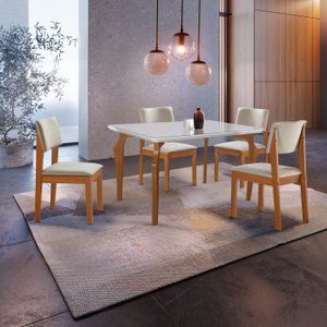 Conjunto Sala de Jantar Mesa Tampo Vidro/mdf com 4 Cadeiras Linho Marialice