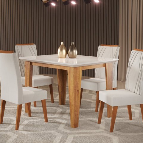 Mesa de Jantar Retangular Divine com Vidro 1,20x90 e 4 Cadeiras Vegas em Madeira Maciça