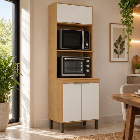 Armário para Cozinha Paneleiro Torre Forno e Microondas com 3 Portas Cinamomo/Off White