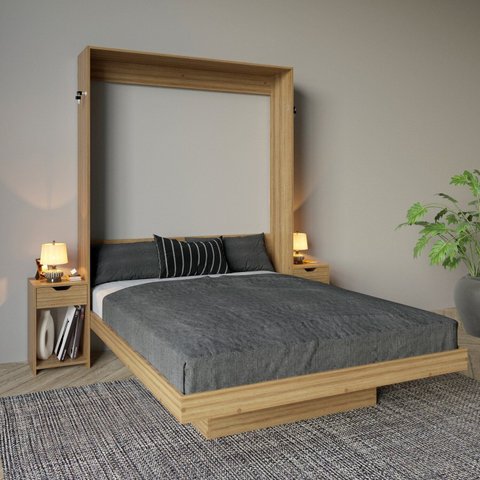 Cama Articulada de Casal 209x198cm com 2 Mesas de Cabeceira, Nichos e Gavetas CM8041 Marrom/Amendoa