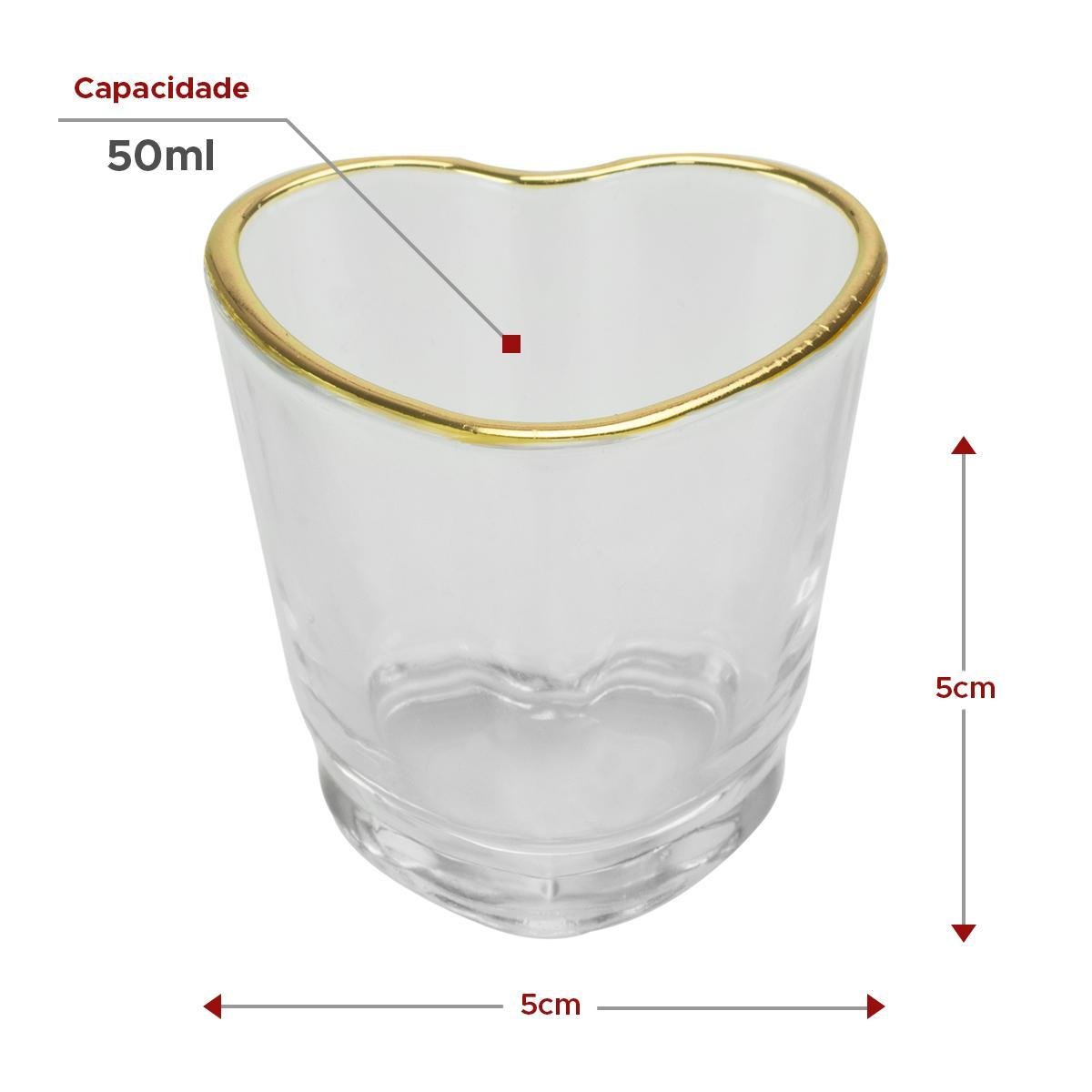 Kit 6 Copos Shot Coração Vidro com Borda Dourada 50ml - 3