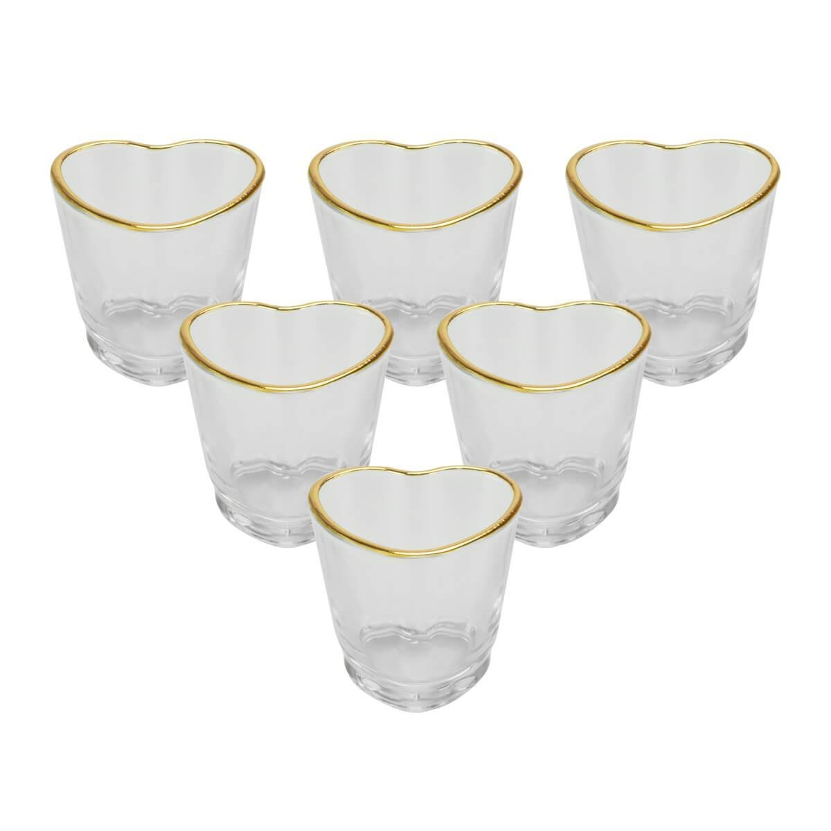 Kit 6 Copos Shot Coração Vidro com Borda Dourada 50ml - 1