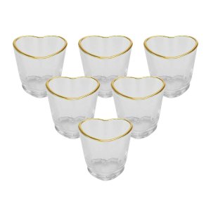 Kit 6 Copos Shot Coração Vidro com Borda Dourada 50ml