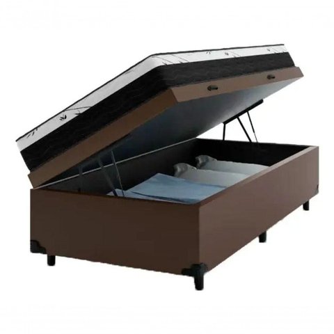 Cama Box com Baú Solteiro Espuma Macia Acoplada 10cm Tecido Marrom Estrutura Madeira 88cm