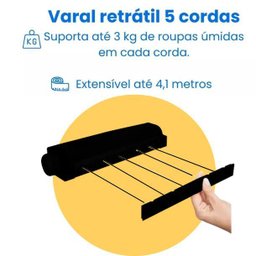 Varal Lavanderia Solução Espaço Pratico Retrátil Recolhível - 3