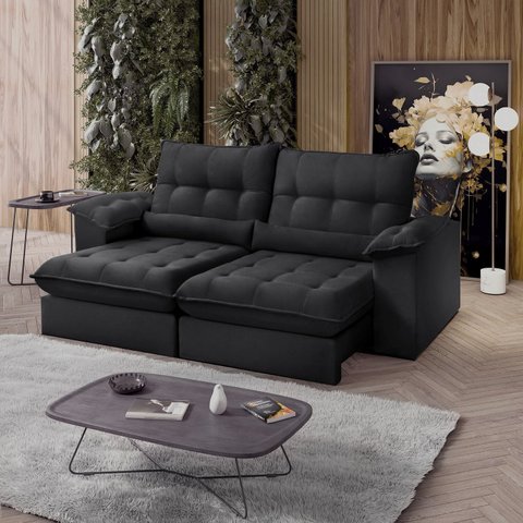 Sofá Retrátil Reclinável Molas Ensacadas Chicago 210 Cm Veludo Preto