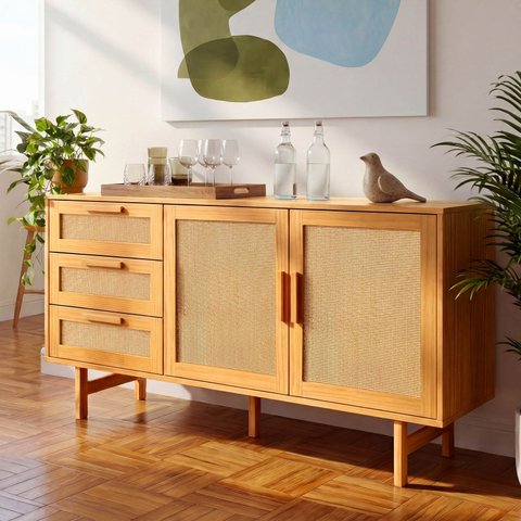Buffet 2 Portas 3 Gavetas Rattan Magna CabeCasa MadeiraOriginals Bege/Mel