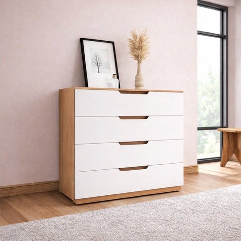 Cômoda para Quarto 4 Gavetas 90cm Madri Branco/Freijó