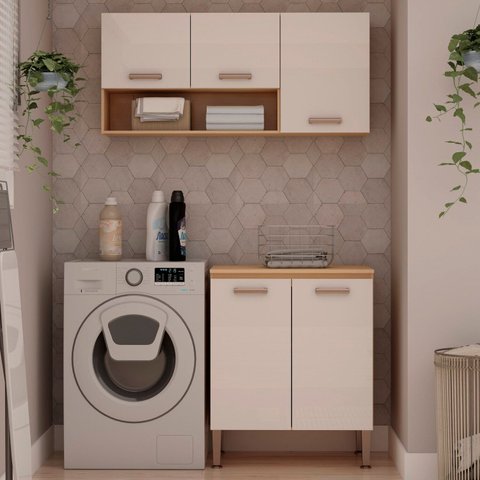 Lavanderia Modulada 2 Peças , 1 Armário Aéreo 1 Balcão Duas Portas 100% MDF Bege/Freijó