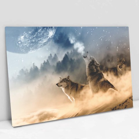 Quadro Decorativo em Canvas Lobos TaColado Moldura Madeira 120 x 80cm