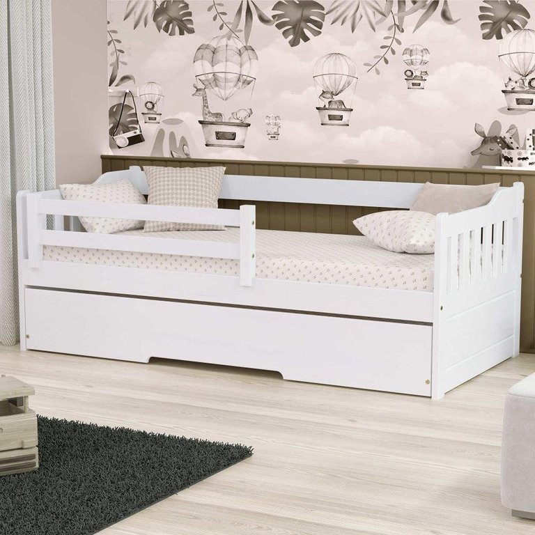 Bicama Infantil com Grade de Proteção Madeira Maciça Branco Mobilistore