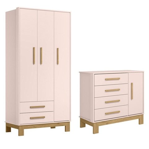 Jogo de Quarto Q Encanto Slim Guarda Roupa e Cômoda Rosa - Qmovi