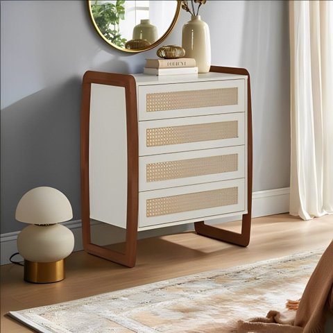 Cômoda com Rattan 4 Gavetas 6028 Meyer Móveis - Nude Laca com Pés Castanho Envelhecido
