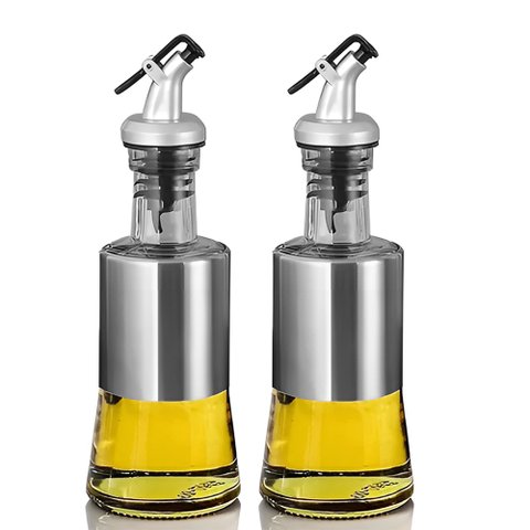 Kit 2 Porta Azeite Óleo e Vinagre 200ml Cada Galheteiro Vidro Aço Inox com Tampa Anti Vazamento