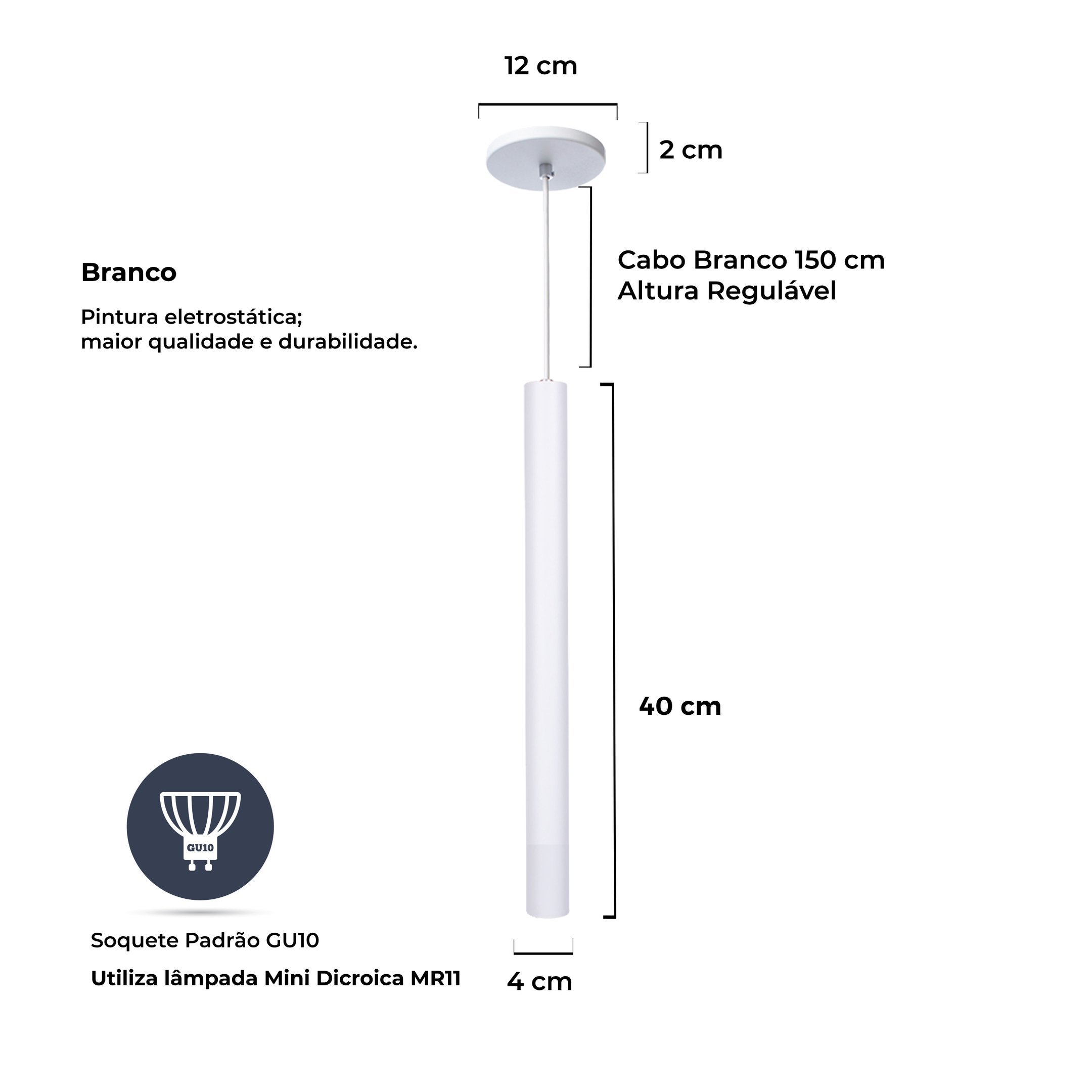 Kit 9 Pendente Luminária Tubo Branco 40 Cm - 3