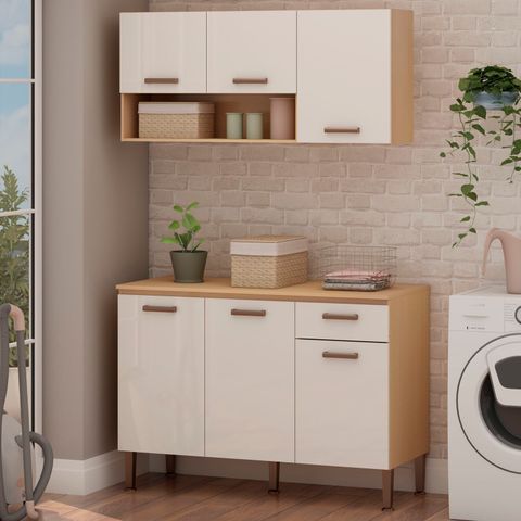 Lavanderia Modulada 2 Peças,1 Armário Aéreo e 1 Balcão 120cm Essência 100% Mdf