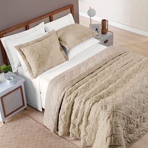 Kit Cobre Leito Colcha Casa Scarpa Adele Queen Dupla Face Micropercal 300 Fios 3 Peças - Bege