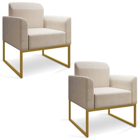 Kit 02 Poltronas Marisa Linho Areia A27 Base Industrial Metálica Dourado - D’Rossi