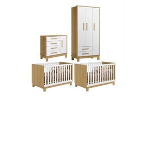 Jogo de Quarto Infantil Gemeos com Roupeiro Comoda e 2 Berço