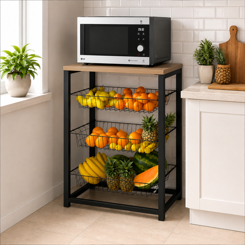Fruteira para Cozinha com Suporte para Micro-Ondas 3 Cestos Ferro Preto Tampo Canela