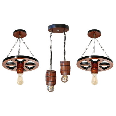 Kit Luminárias em Madeira Maciça – 1 Pendente Barril + 2 Pendentes Roda de Carroça - Mogno