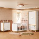 Ver imagem 1 de Quarto Infantil Flora Guarda Roupa 2 Portas, Comoda 4 Gavetas, Berço Branco Acetinado