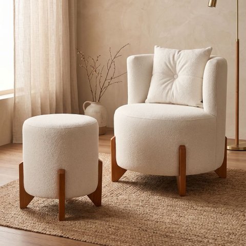 Kit Poltrona e Puff Luna Decorativa Curvo Orgânico Boucle Off White - Montanaris Decor