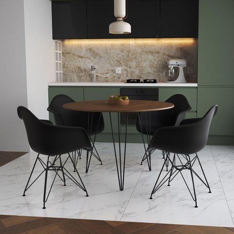 Mesa Jantar Redonda 110cm Amêndoa Clips 3 Pés com 4 Poltronas Pretas Ferro Preto Marrom