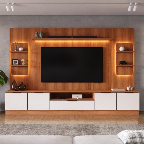 Estante Home para Tv até 75” Noble 270cm com 2 Torres Nichos e Led para Sala Jequitiba/off White