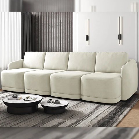 Sofá Cama Modulado Retrátil e Reclinável Decorativo Varsóvia 396cm Veludo Bege G33 - Gran Belo