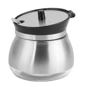 AÇUCAREIRO DE INOX E VIDRO COM COLHER 9X9CM