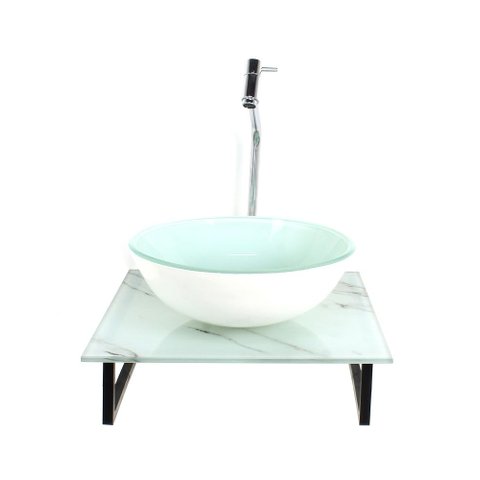 Gabinete de Vidro com Cuba Redonda com Tampo de Vidro 40cm X 40cm Mármore Branco Mais Torneira Metal
