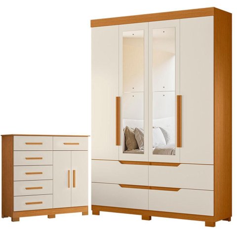 Guarda Roupa Solteiro Doble 04 Portas com Espelho e Cômoda Xangai Cinamomo Off White - Móveis