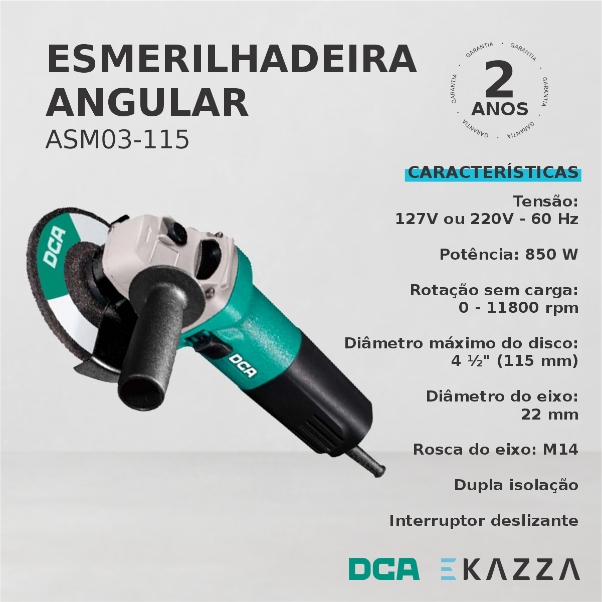 Esmerilhadeira 4.1/2'' 850w Asm03-115 - Dca Voltagem:127v - 3