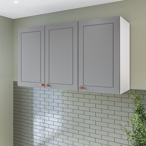 Armário Aéreo 3 Portas 120 cm Pérola Yescasa Cinza/Branco